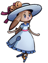 A bunny dressed in a vintage light dress and hat, adorned with bells.
